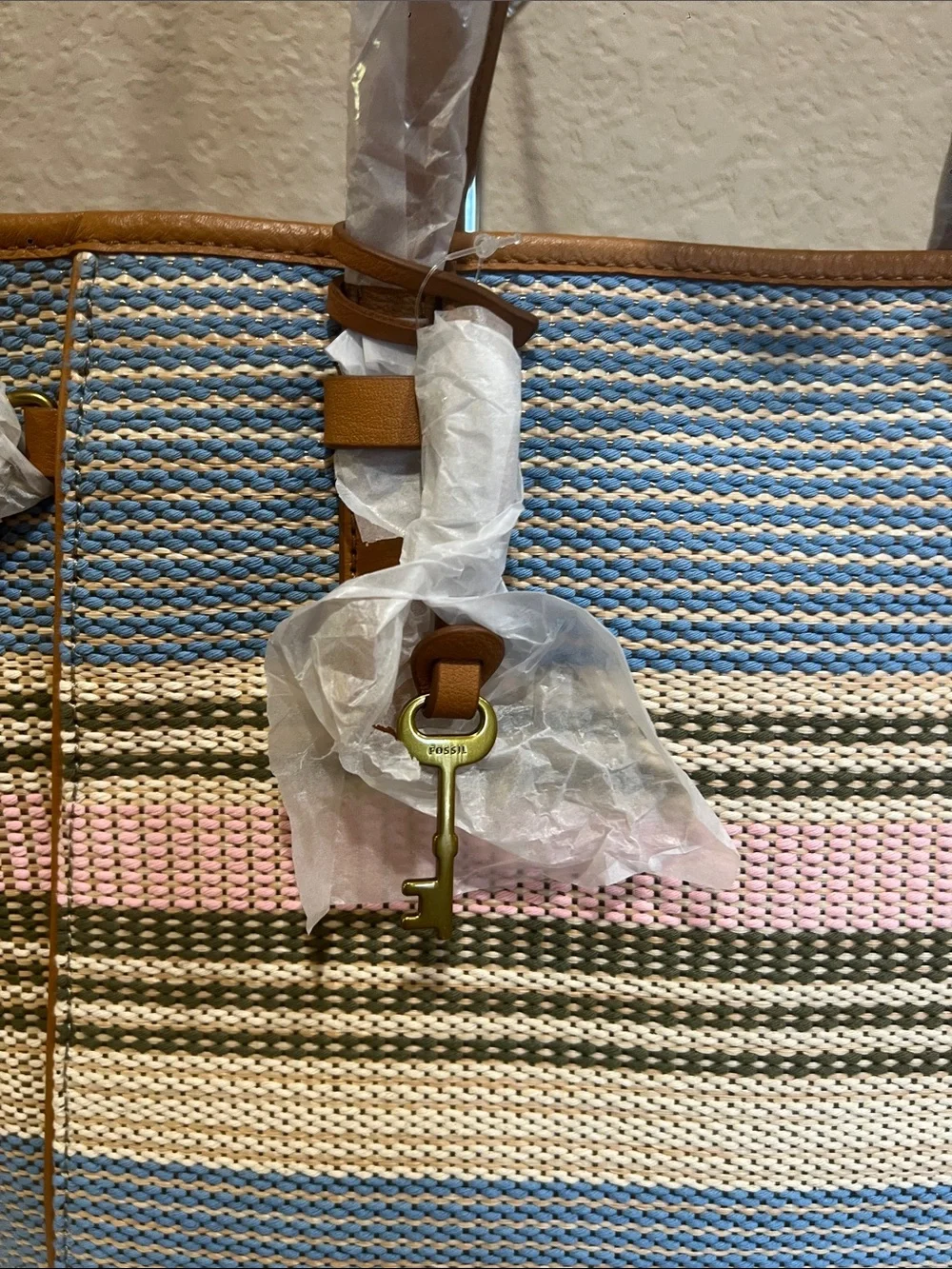 Fossil Blue, Pink & Tan Striped Woven Tote Charlie large tote